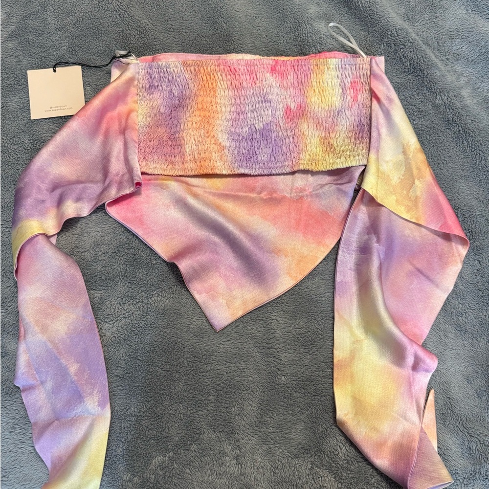 superdown Pastel Tie-Front Strapless Crop Top in Pink & Purple - Picture 4 of 5